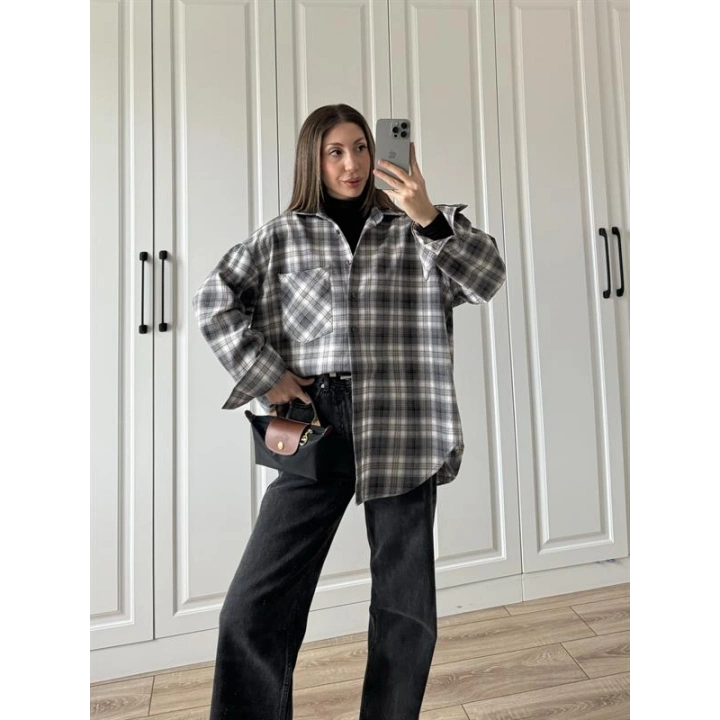 Noble Oversize Gri Ekose Gömlek