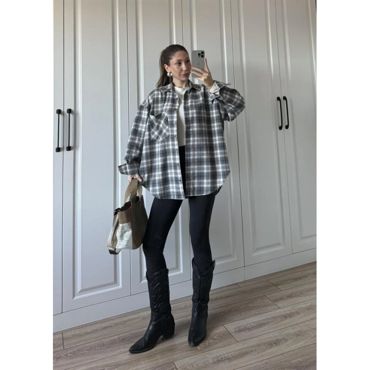 Noble Oversize Gri Ekose Gömlek