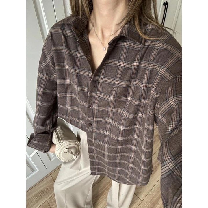Noble Oversize Kahve Ekose Gömlek