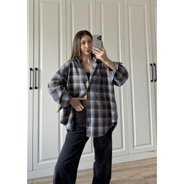 Noble Oversize Mavi Ekose Gömlek