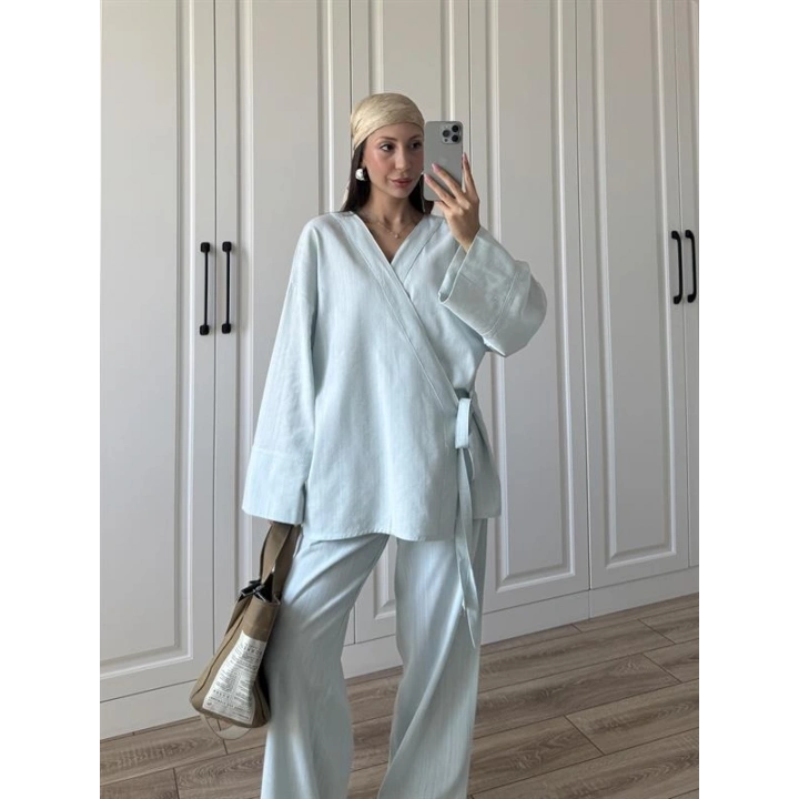 Nuba Yandan Bağlamalı Mavi Keten Takım