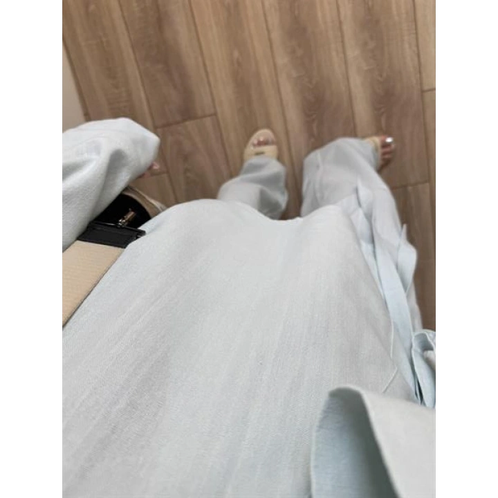 Nuba Yandan Bağlamalı Mavi Keten Takım