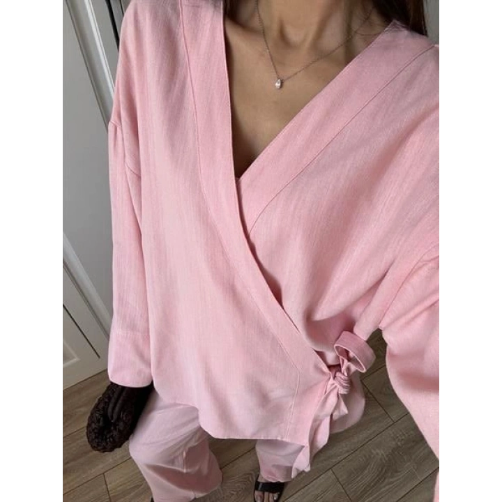 Nuba Yandan Bağlamalı Pembe Keten Takım