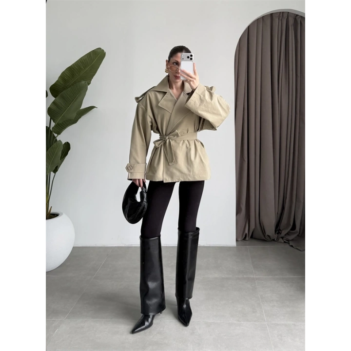 Nuve Premium Astarlı Açık Haki Trençkot