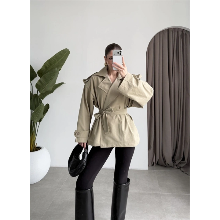 Nuve Premium Astarlı Açık Haki Trençkot