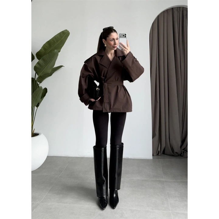 Nuve Premium Astarlı Kahve Trençkot