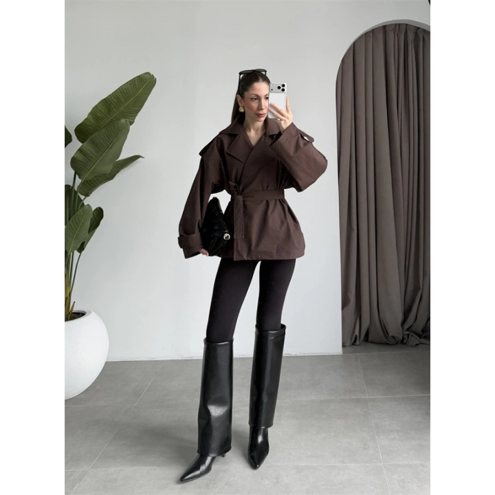 Nuve Premium Astarlı Kahve Trençkot