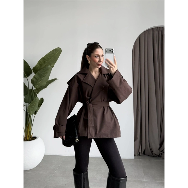 Nuve Premium Astarlı Kahve Trençkot