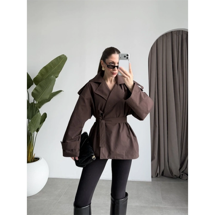 Nuve Premium Astarlı Kahve Trençkot