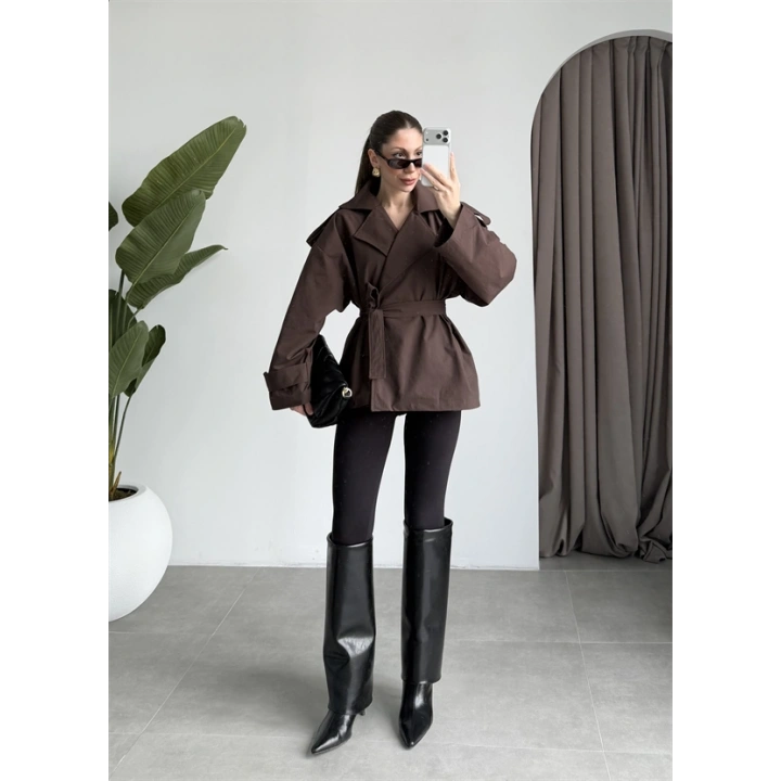 Nuve Premium Astarlı Kahve Trençkot