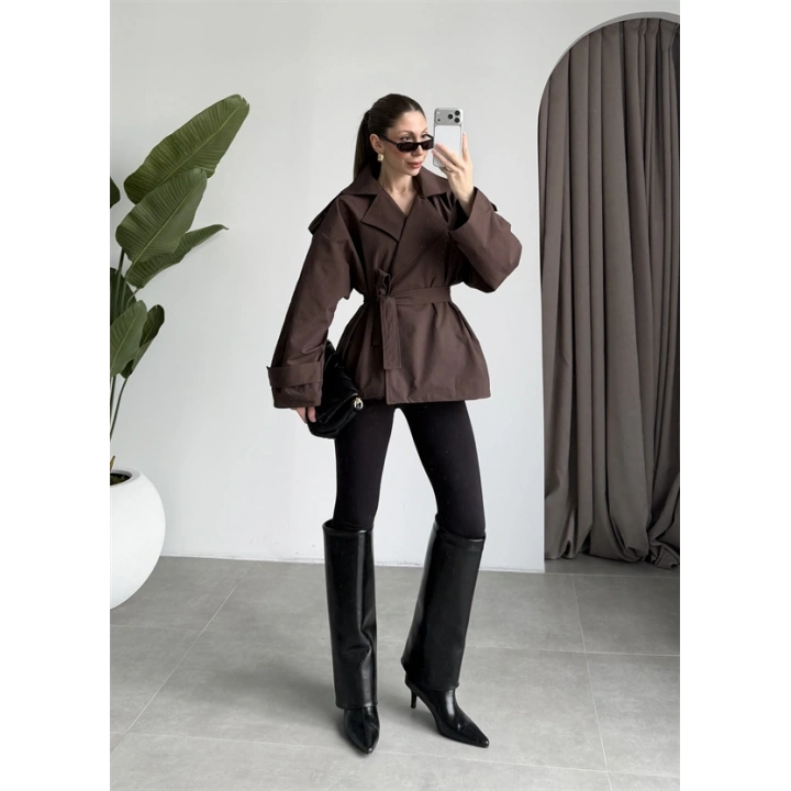 Nuve Premium Astarlı Kahve Trençkot