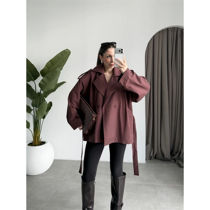 Nuve Premium Astarlı Bordo Trençkot