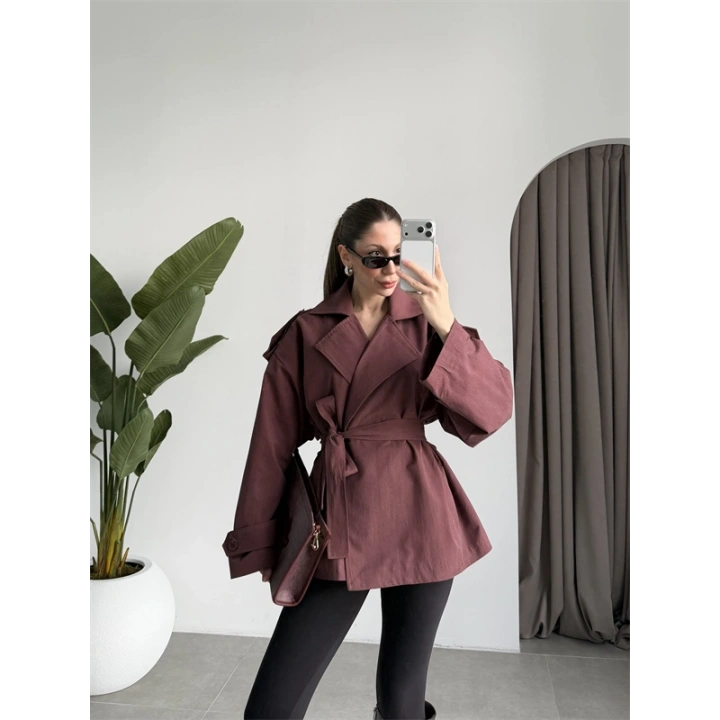 Nuve Premium Astarlı Bordo Trençkot