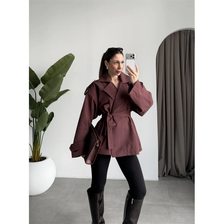 Nuve Premium Astarlı Bordo Trençkot