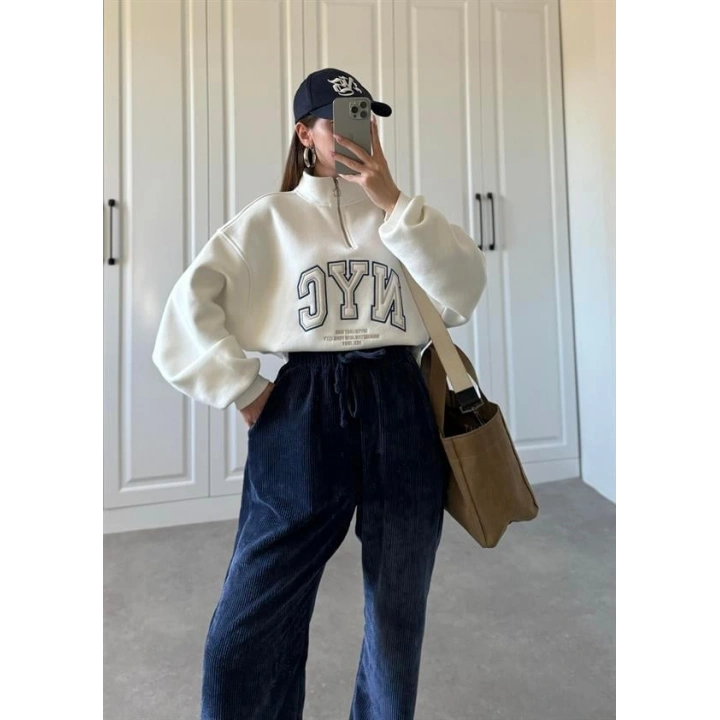 NycQ İçi Şardonlu Premium Beyaz Sweatshirt