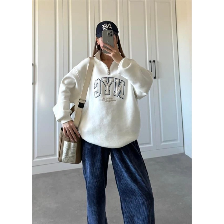NycQ İçi Şardonlu Premium Beyaz Sweatshirt