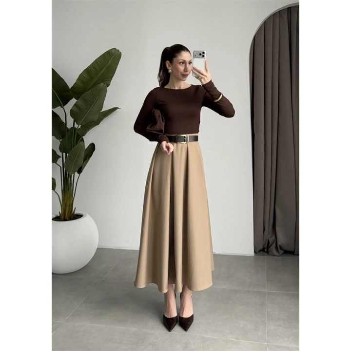 Önden Pile Detaylı Cappuccino Kemerli Etek