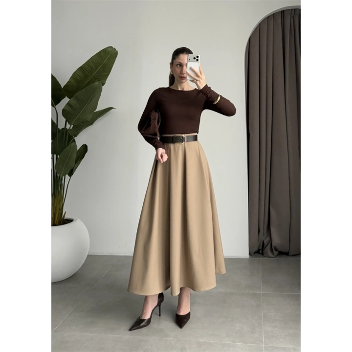 Önden Pile Detaylı Cappuccino Kemerli Etek