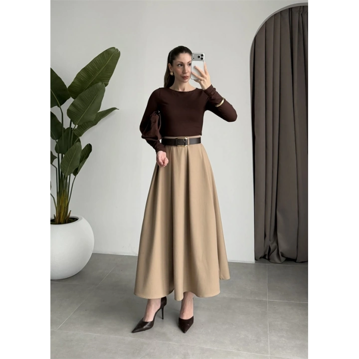 Önden Pile Detaylı Cappuccino Kemerli Etek