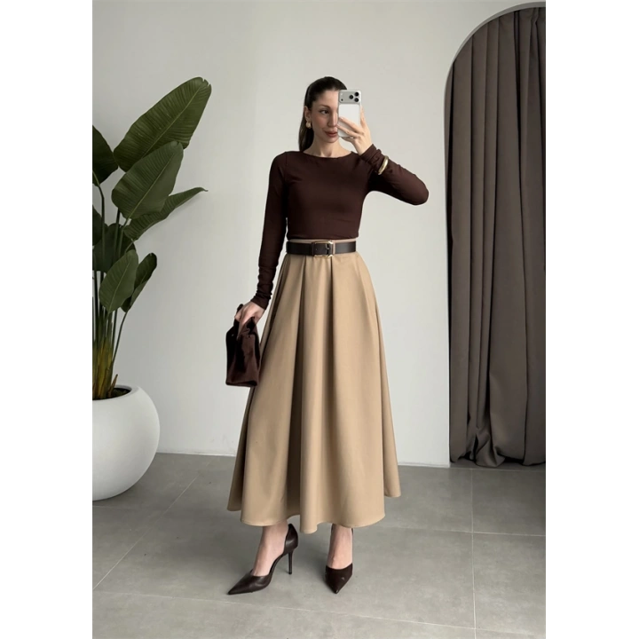 Önden Pile Detaylı Cappuccino Kemerli Etek