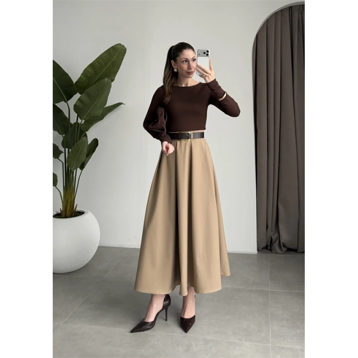 Önden Pile Detaylı Cappuccino Kemerli Etek