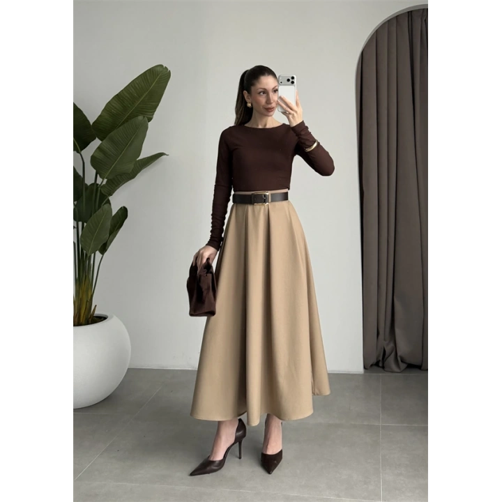 Önden Pile Detaylı Cappuccino Kemerli Etek