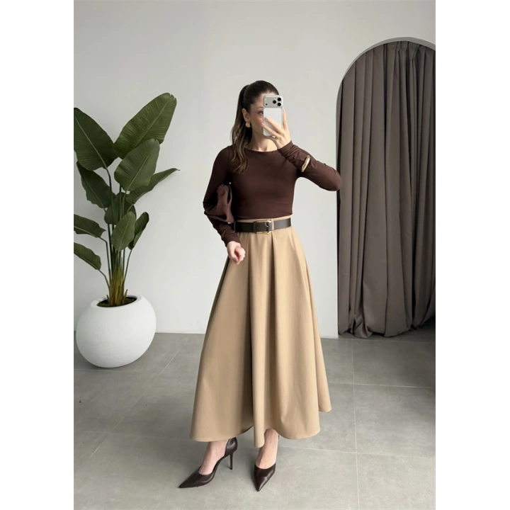 Önden Pile Detaylı Cappuccino Kemerli Etek