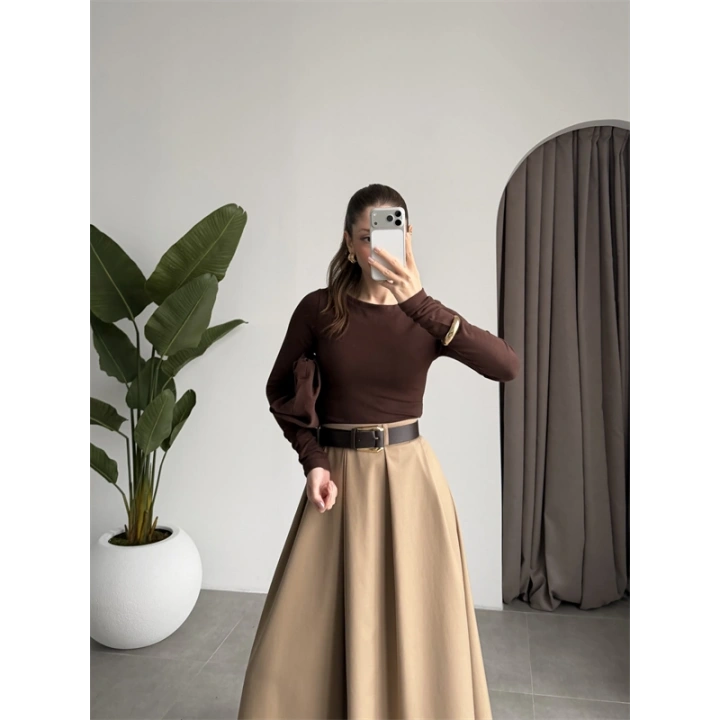 Önden Pile Detaylı Cappuccino Kemerli Etek