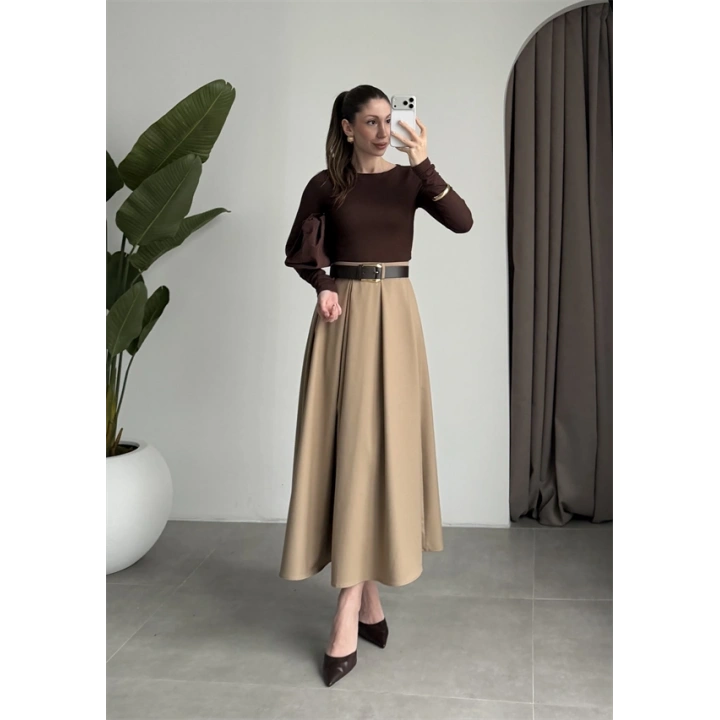 Önden Pile Detaylı Cappuccino Kemerli Etek