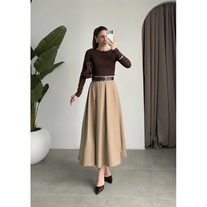 Önden Pile Detaylı Cappuccino Kemerli Etek