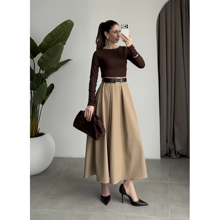 Önden Pile Detaylı Cappuccino Kemerli Etek