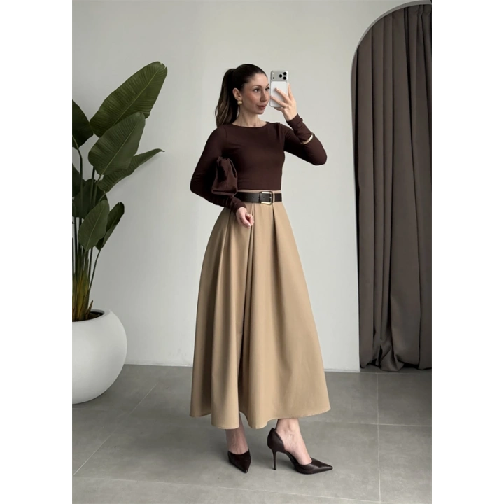 Önden Pile Detaylı Cappuccino Kemerli Etek