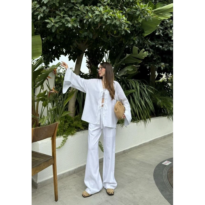 Önü Bağlamalı Ham Keten Beyaz Kimono Takım