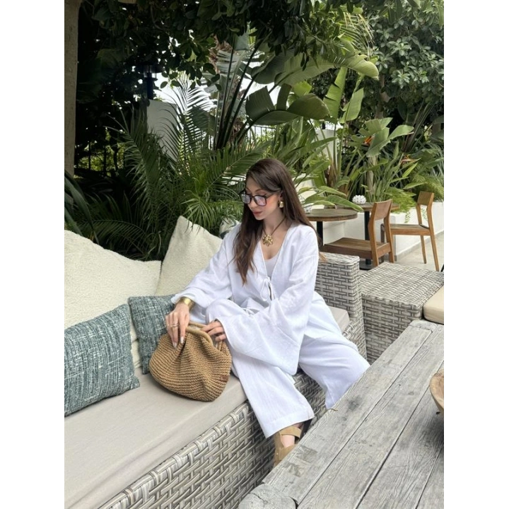 Önü Bağlamalı Ham Keten Beyaz Kimono Takım