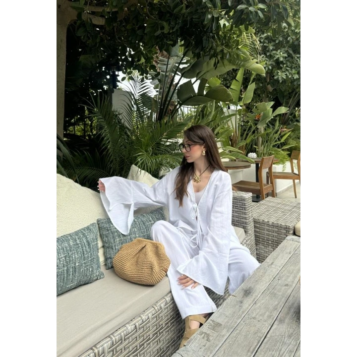 Önü Bağlamalı Ham Keten Beyaz Kimono Takım