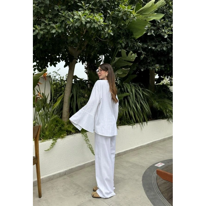 Önü Bağlamalı Ham Keten Beyaz Kimono Takım