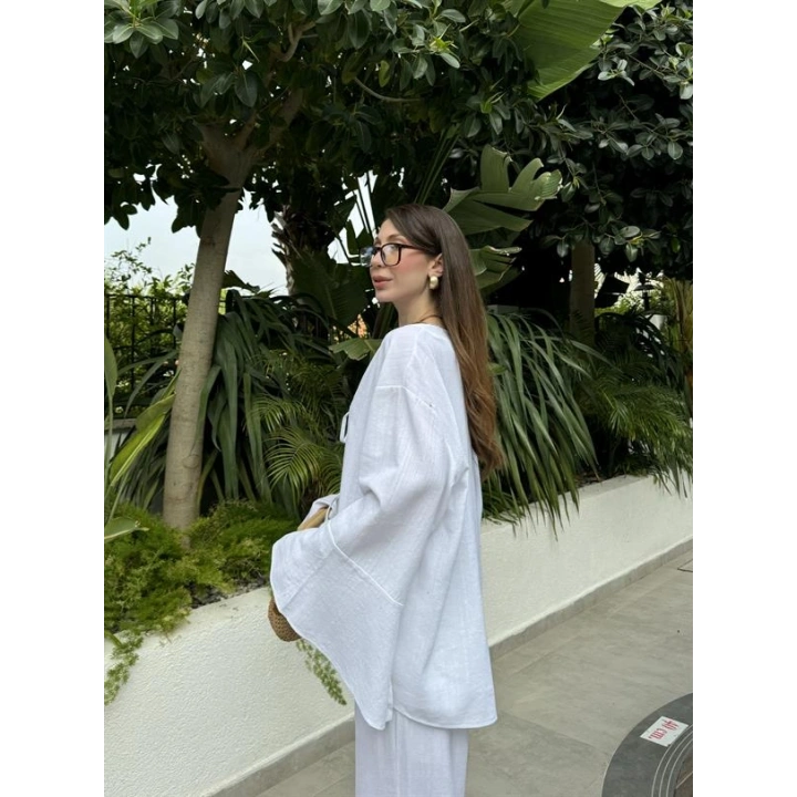 Önü Bağlamalı Ham Keten Beyaz Kimono Takım