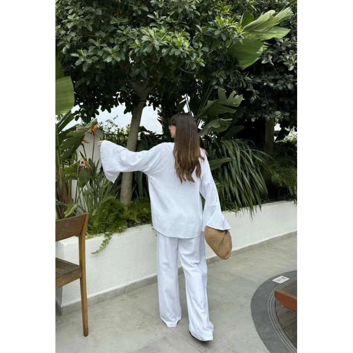 Önü Bağlamalı Ham Keten Beyaz Kimono Takım