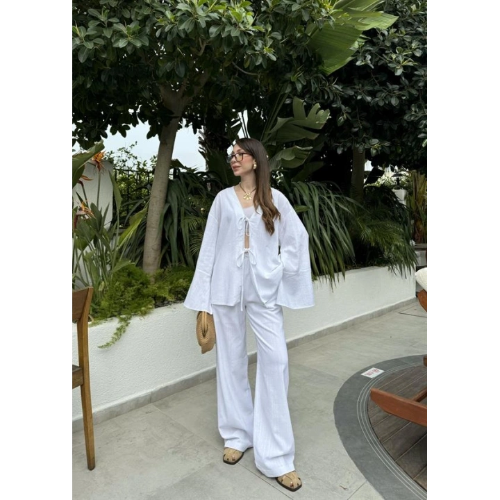 Önü Bağlamalı Ham Keten Beyaz Kimono Takım