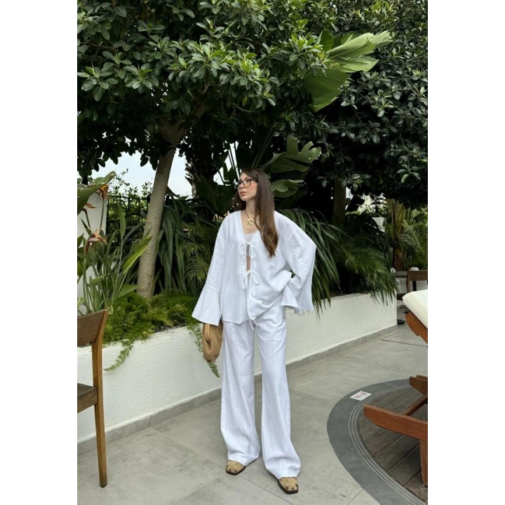 Önü Bağlamalı Ham Keten Beyaz Kimono Takım