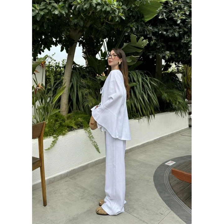 Önü Bağlamalı Ham Keten Beyaz Kimono Takım