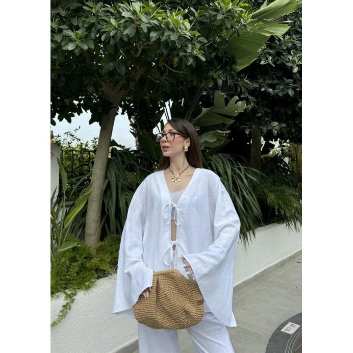 Önü Bağlamalı Ham Keten Beyaz Kimono Takım