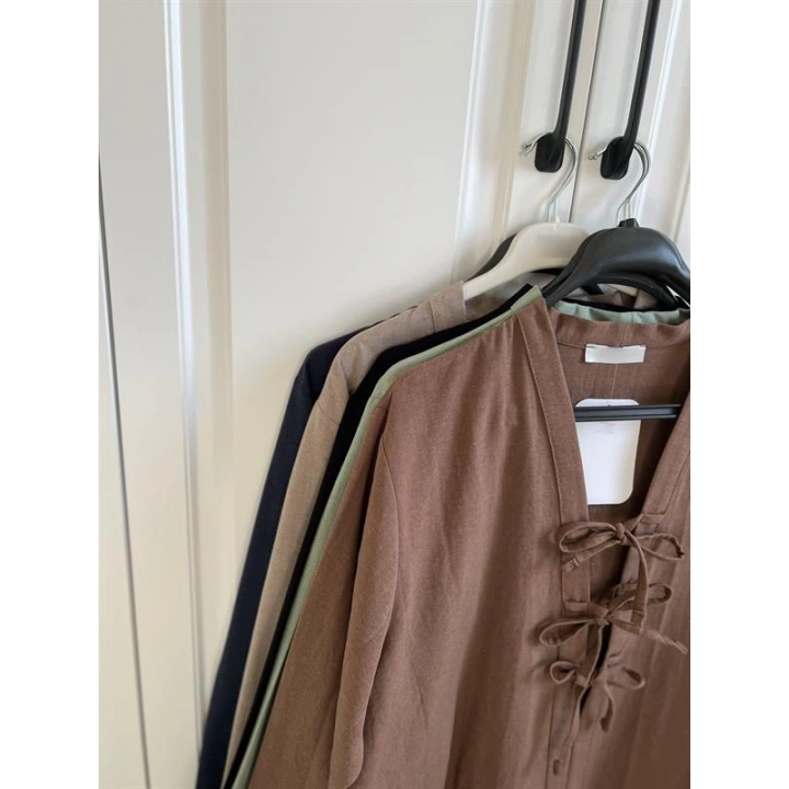 Önü Bağlamalı Kahve Keten Kimono