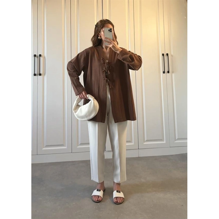 Önü Bağlamalı Kahve Keten Kimono