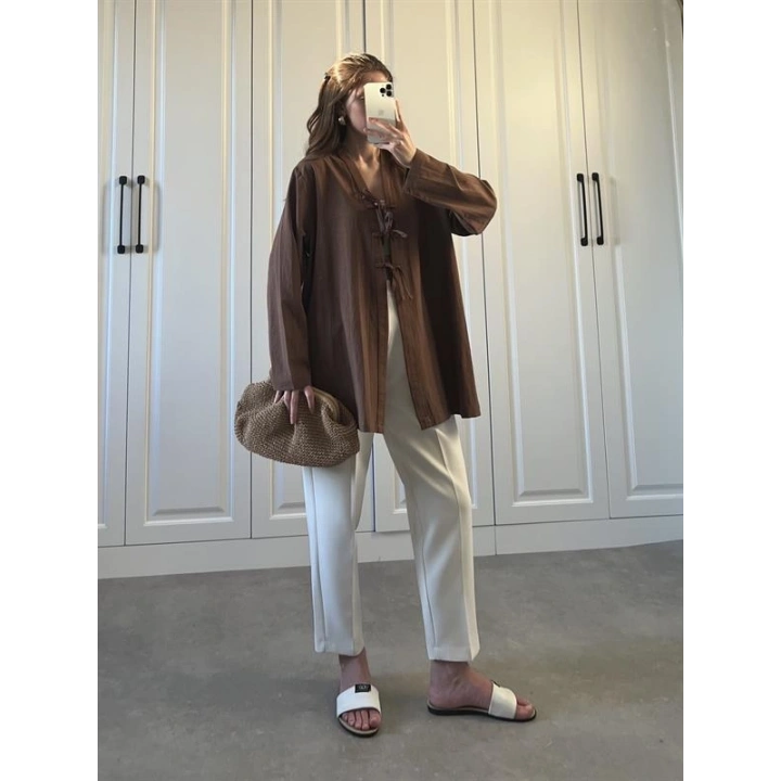 Önü Bağlamalı Kahve Keten Kimono