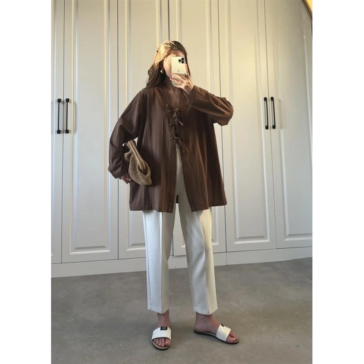 Önü Bağlamalı Kahve Keten Kimono