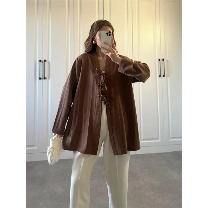 Önü Bağlamalı Kahve Keten Kimono