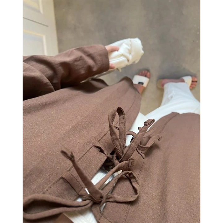 Önü Bağlamalı Kahve Keten Kimono