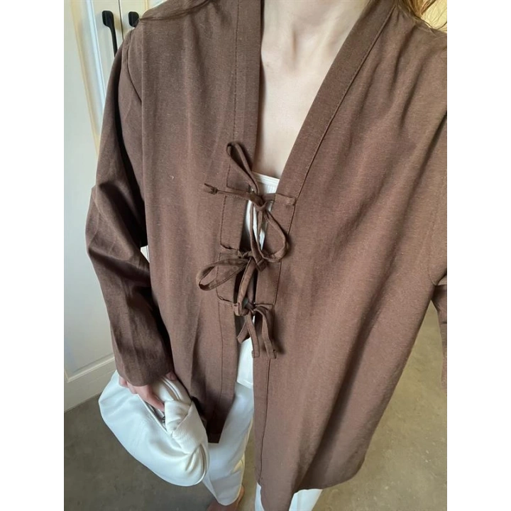 Önü Bağlamalı Kahve Keten Kimono