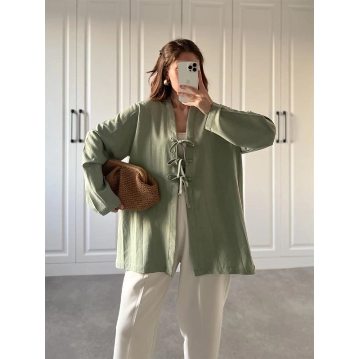 Önü Bağlamalı Mint Yeşili Keten Kimono